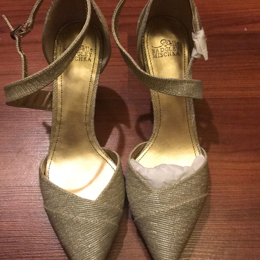 Badgley Mischka shoes—comfy, fancy, and gold-toned